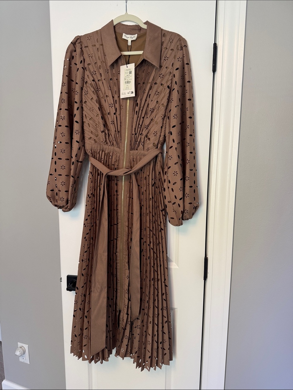 Phase Eight  Brown Laser-Cut Pleated Midi Dress